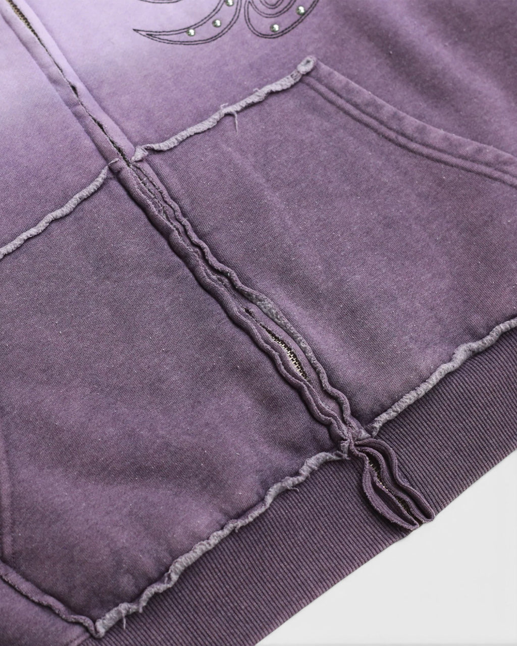 Lockwood Avenue Yardsale ombre full zip hoodie in purple cotton with distressed seams and stud embroidery detail