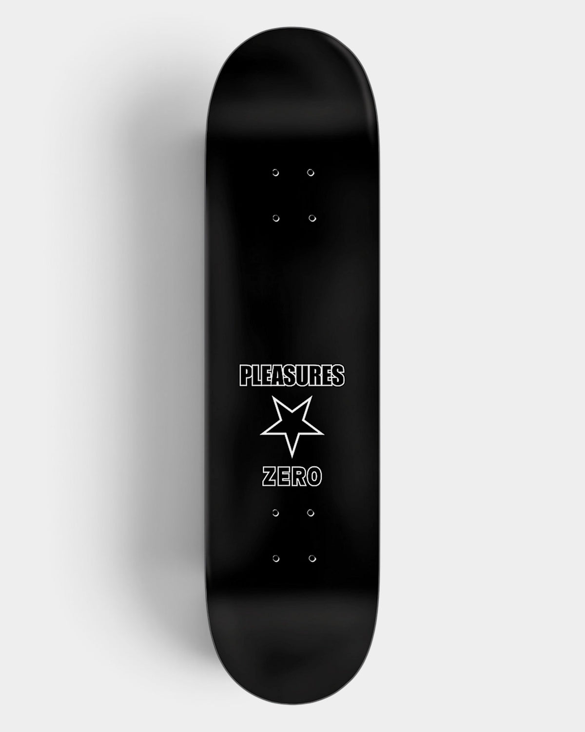 Lockwood Avenue Zero x Pleasures 8.25 inch skateboard deck in black with white star graphic and logo text