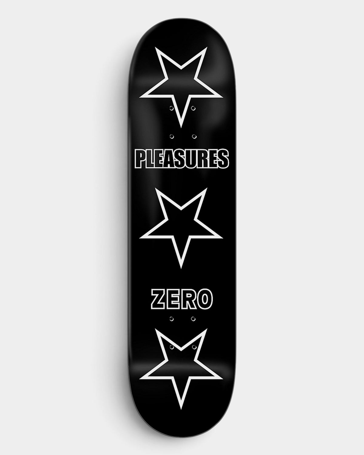Lockwood Avenue Zero x Pleasures 8.25 inch skateboard deck in black with white star graphics and brand text
