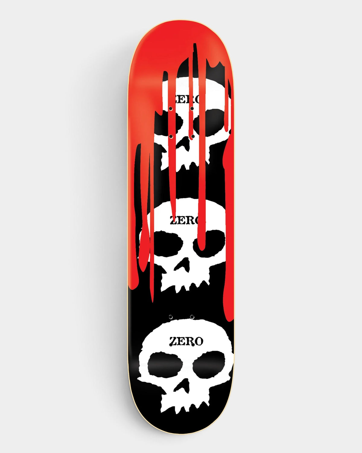 Lockwood Avenue Zero 3 Skulls Blood skateboard deck featuring three white skulls on black with red dripping paint