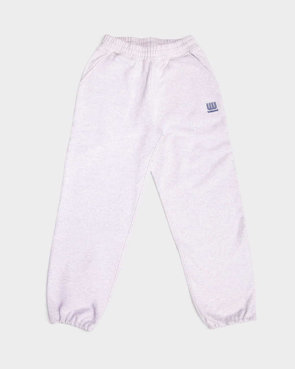 Lockwood Small Embroidered Logo Sweatpants in heather grey, flat-lay front view with the small blue embroidered Lockwood logo on the hip and elasticated cuffs