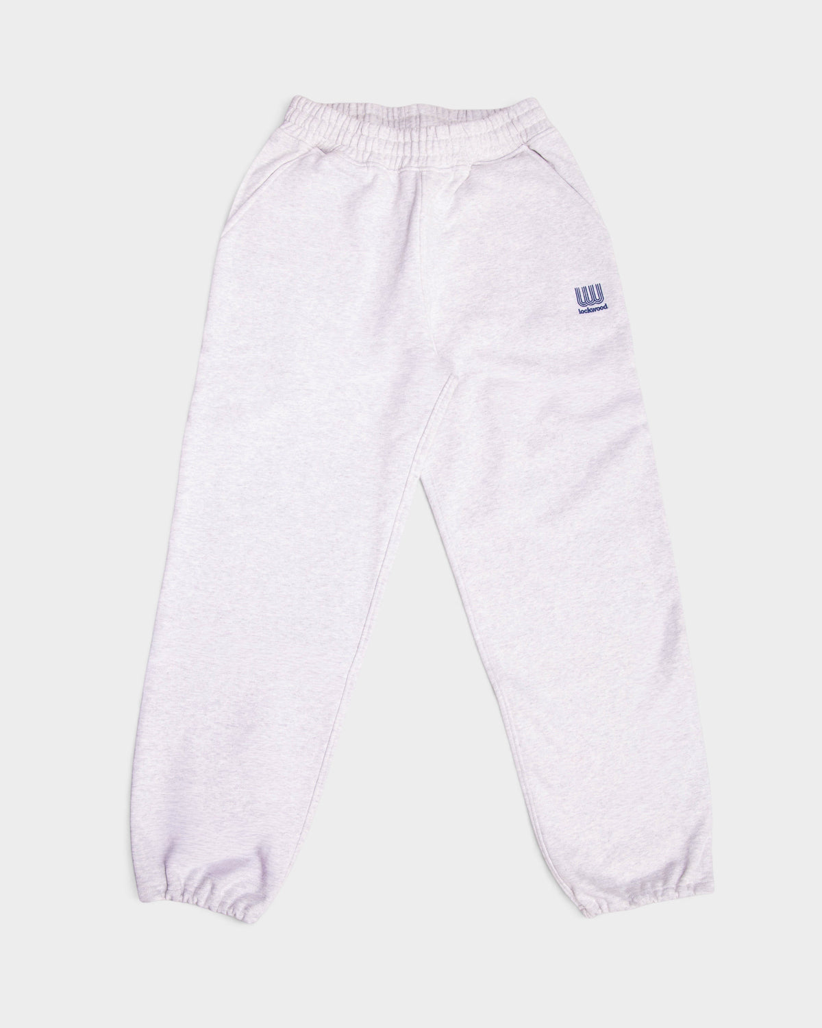 Lockwood Small Embroidered Logo Sweatpants in heather grey, flat-lay front view with the small blue embroidered Lockwood logo on the hip and elasticated cuffs