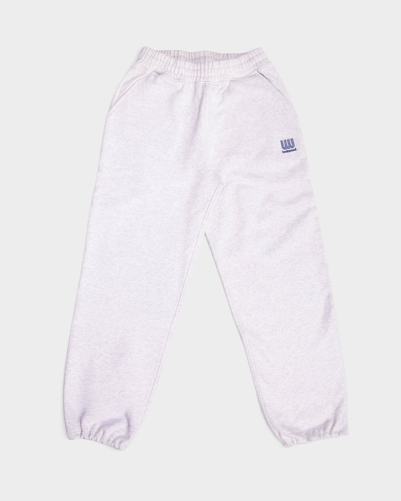 Lockwood Small Embroidered Logo Sweatpants in heather grey, flat-lay front view with the small blue embroidered Lockwood logo on the hip and elasticated cuffs