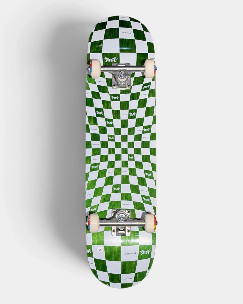 Lockwood x Skate Depot Checkered Vibes 8.0-inch complete skateboard from above the deck, green and white checkered graphic with silver Ace trucks and white Alien Workshop wheels.