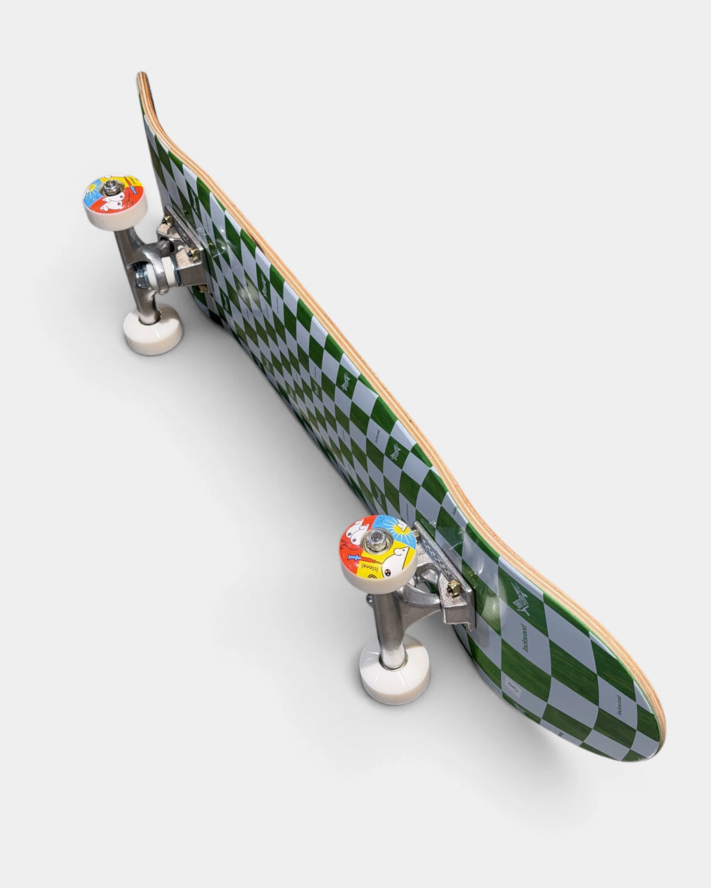Angled view of the Lockwood x Skate Depot Checkered Vibes 8.0-inch complete skateboard showing the green and white checkered deck, silver Ace trucks and Alien Workshop Clone wheels with a colorful mice graphic.