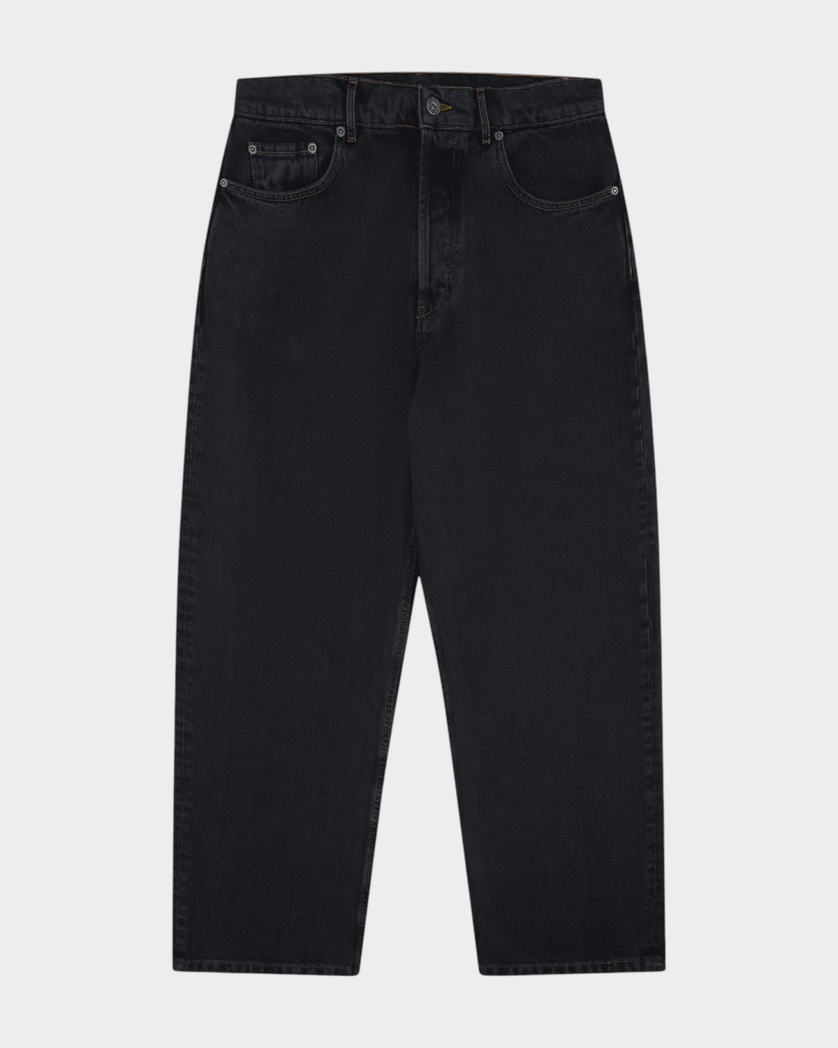 Lockwood Classic Relaxed Jeans in Black Olive, flat-lay front: washed black denim with a slightly tapered leg