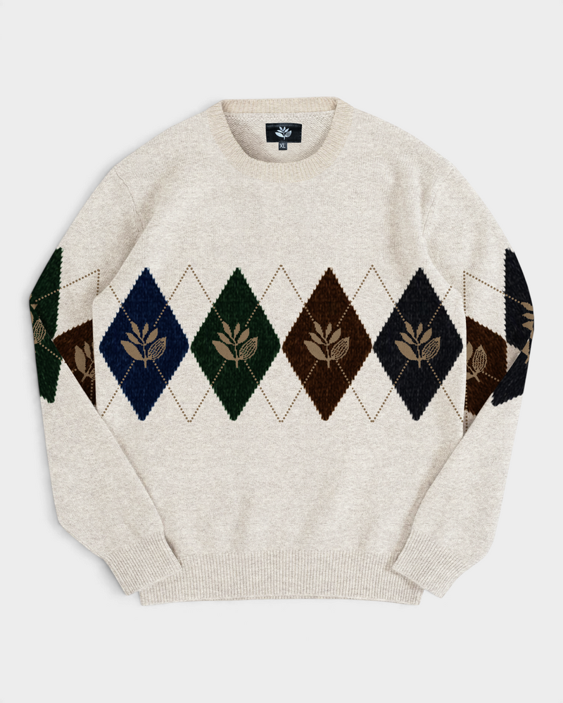Magenta Academy Knit Crewneck - Natural, front, cream knit crewneck with an argyle band across the chest and sleeves