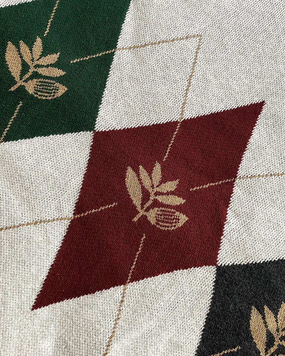 Magenta Academy Knit Crewneck - Natural, close-up of the argyle knit with the Magenta plant in each diamond