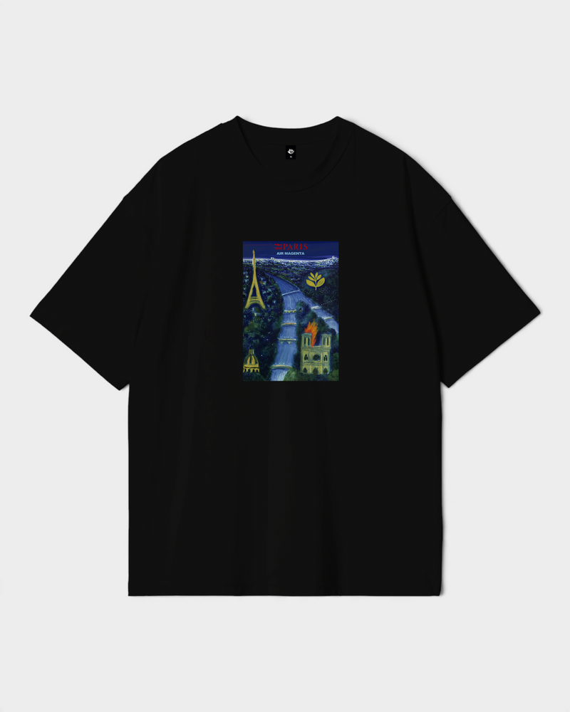 Magenta Airline T-Shirt - Black, front, black tee with a Paris postcard print on the chest