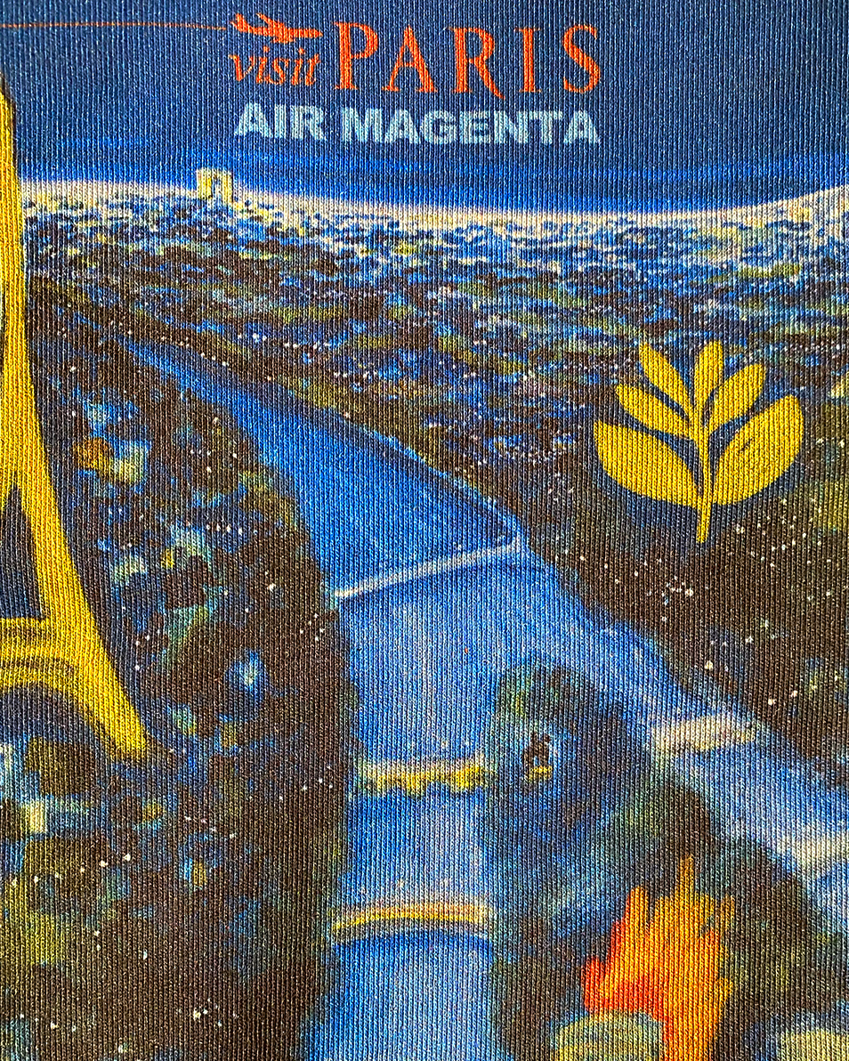 Magenta Airline T-Shirt - Black, close-up of the print: Air Magenta, visit Paris, the Eiffel Tower and the Magenta plant