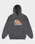 Magenta Fire Dept Hoodie - Dark Heather, front, grey hoodie with a burning Notre-Dame print on the chest