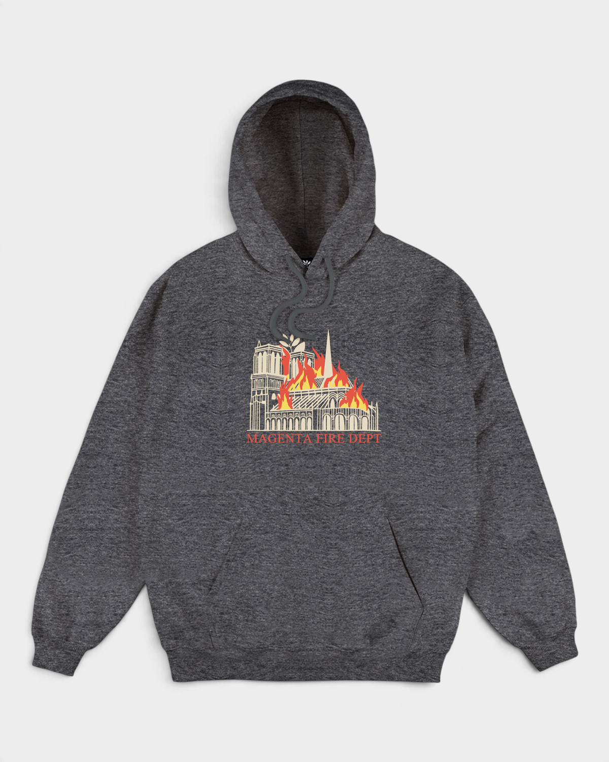 Magenta Fire Dept Hoodie - Dark Heather, front, grey hoodie with a burning Notre-Dame print on the chest