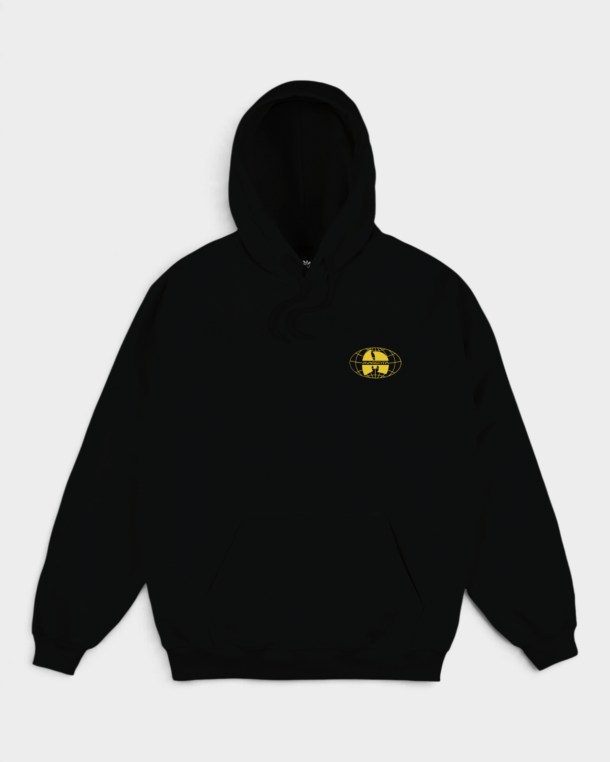 Magenta Shaolin Hoodie - Black, front, black hoodie with a small yellow globe logo on the chest