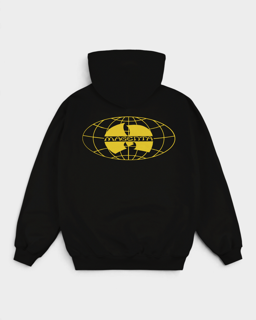 Magenta Shaolin Hoodie - Black, back, with a large yellow globe logo