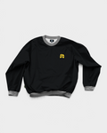 Magenta Shaolin Warm Up Crewneck - Black, front, black pullover with grey ribbed collar, cuffs and hem and a small yellow logo on the chest