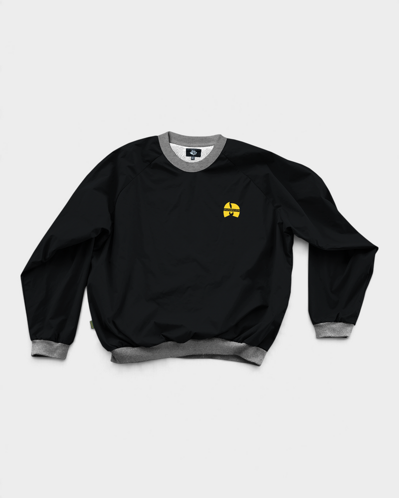 Magenta Shaolin Warm Up Crewneck - Black, front, black pullover with grey ribbed collar, cuffs and hem and a small yellow logo on the chest