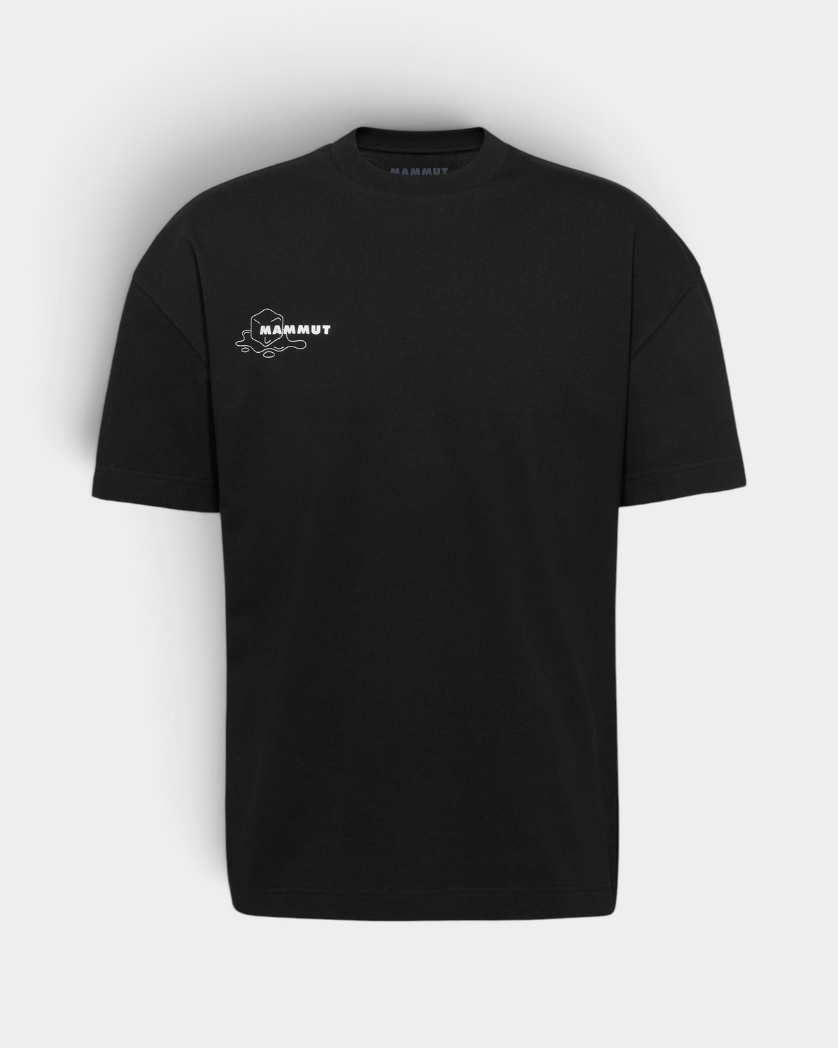 Mammut Base Relaxed Glacier T-Shirt in black, laid flat and front on, with a small white melting-ice-cube graphic and Mammut wordmark printed at the left chest