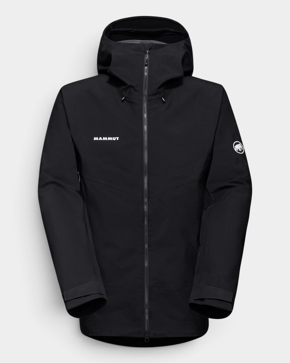 Mammut Crater Light HS Hooded Jacket in black, a hardshell laid flat and front on with the hood up, a full-length centre zip and the white Mammut wordmark at the chest