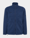 Mammut Falera ML Jacket in Marine, a navy full-zip fleece laid flat and front on, with a stand collar, two zipped hand pockets and the Mammut wordmark embroidered at the left chest