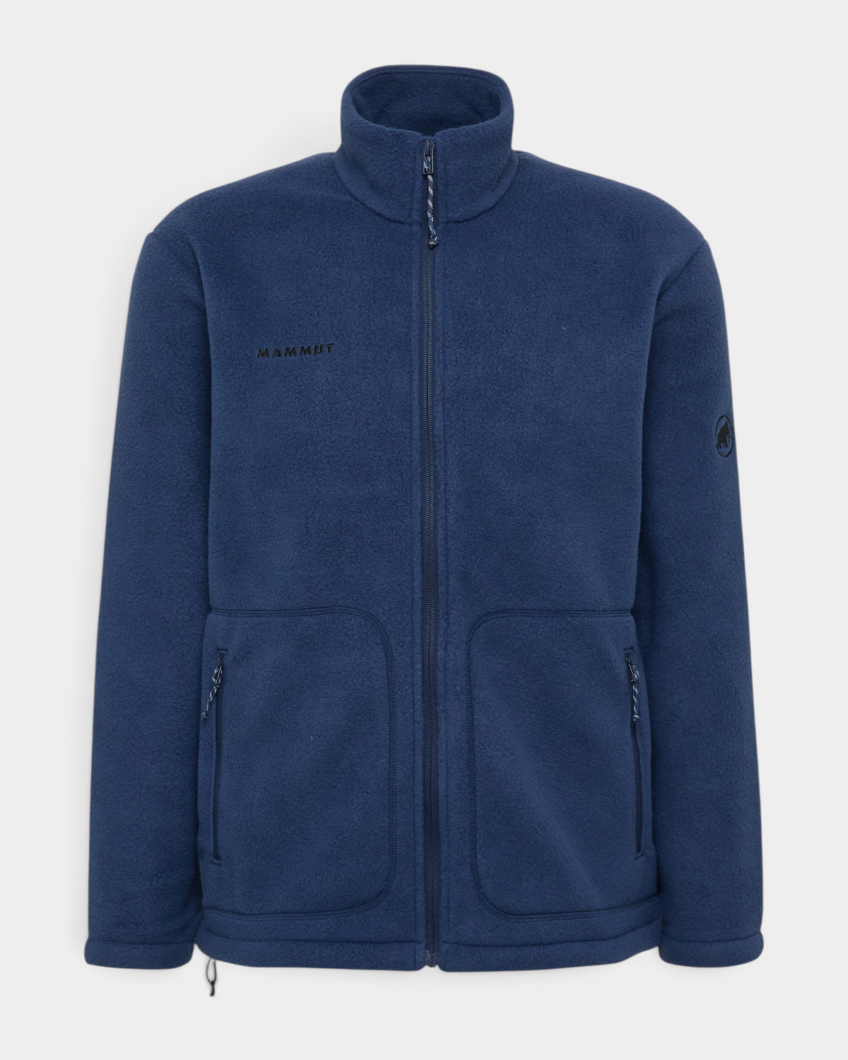 Mammut Falera ML Jacket in Marine, a navy full-zip fleece laid flat and front on, with a stand collar, two zipped hand pockets and the Mammut wordmark embroidered at the left chest