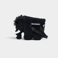 Mammut Fluffy Chalk Bag in black, a fleecy mammoth-shaped climbing chalk bag seen side on, with white tusks and a black MAMMUT webbing belt across its flank