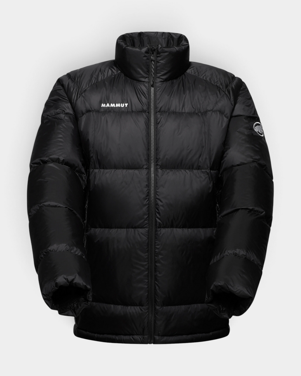 Mammut Glacier Glow IN Hooded Jacket in black, a down jacket laid flat and front on in wide horizontal chambers, hood folded behind the stand collar