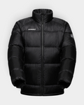 Mammut Glacier Glow IN Hooded Jacket in black, a down jacket laid flat and front on in wide horizontal chambers, hood folded behind the stand collar