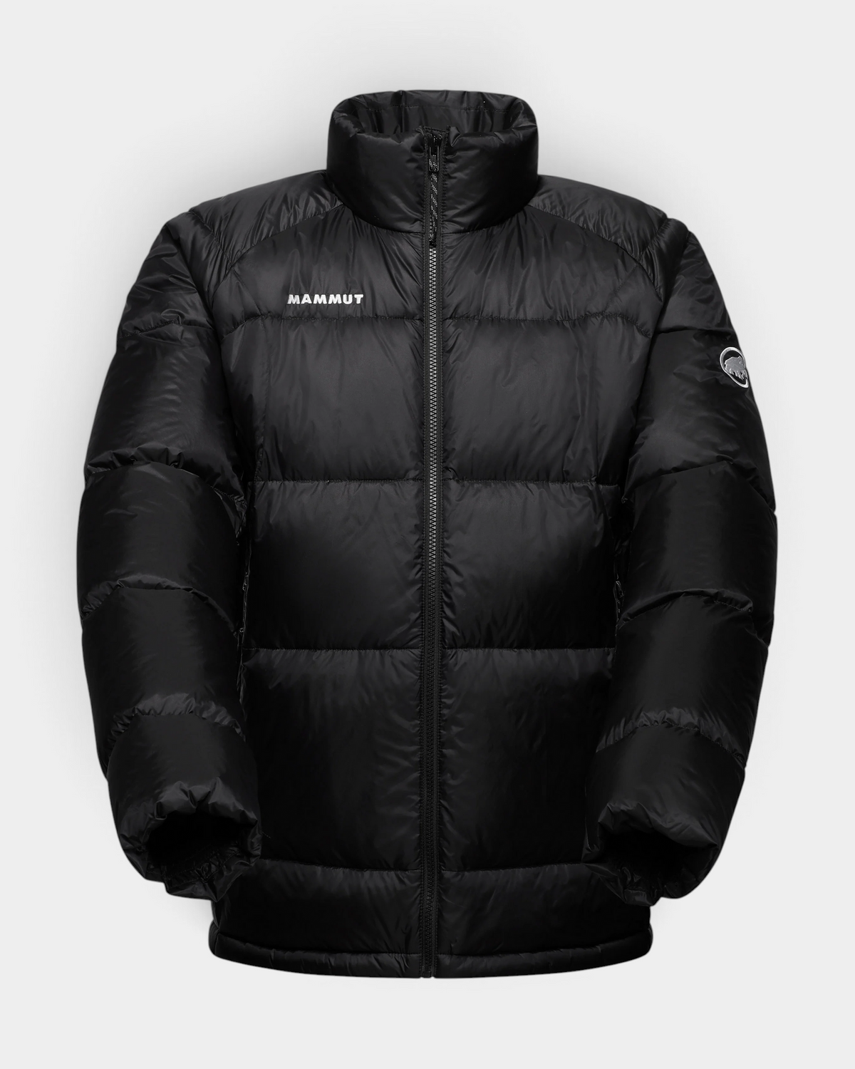 Mammut Glacier Glow IN Hooded Jacket in black, a down jacket laid flat and front on in wide horizontal chambers, hood folded behind the stand collar