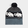 Mammut Retro Beanie in Black-Strata, a black pom-pom beanie with white mammoths knitted in a band around the body, a flecked black and white crown and a ribbed blue-grey cuff with a small woven MAMMUT label