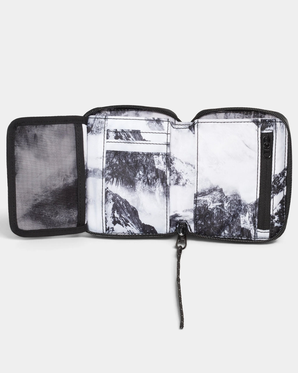 Mammut Seon Alpine Wallet opened flat on the other side, showing the mesh ID window, banknote section and mountain print lining