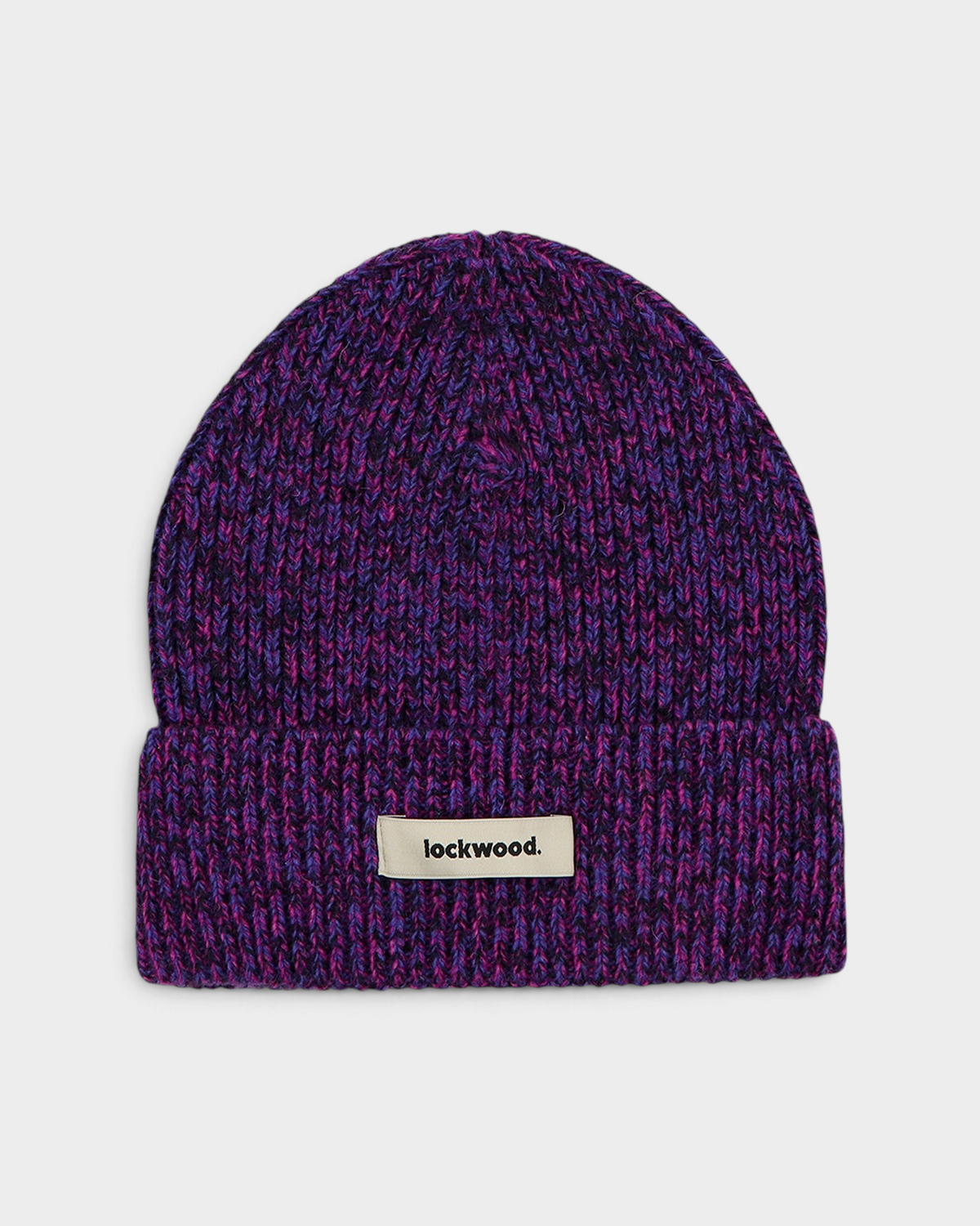 Lockwood Beanie in Purple: a violet marl rib knit with a folded cuff and a woven lockwood label