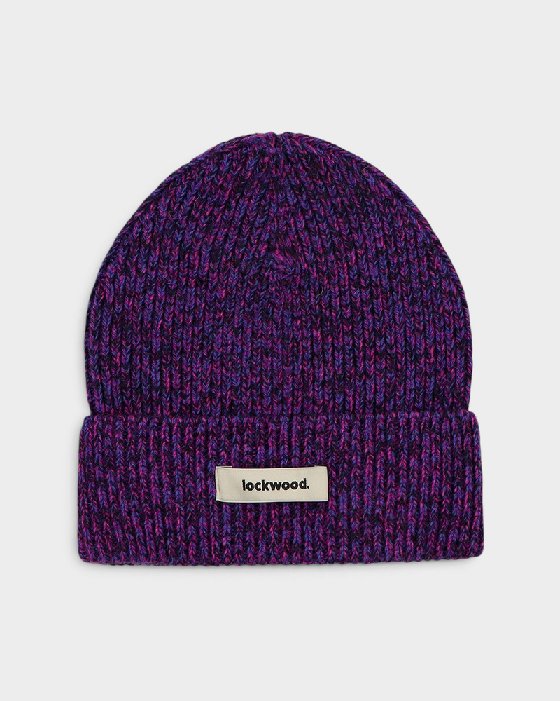 Lockwood Beanie in Purple: a violet marl rib knit with a folded cuff and a woven lockwood label