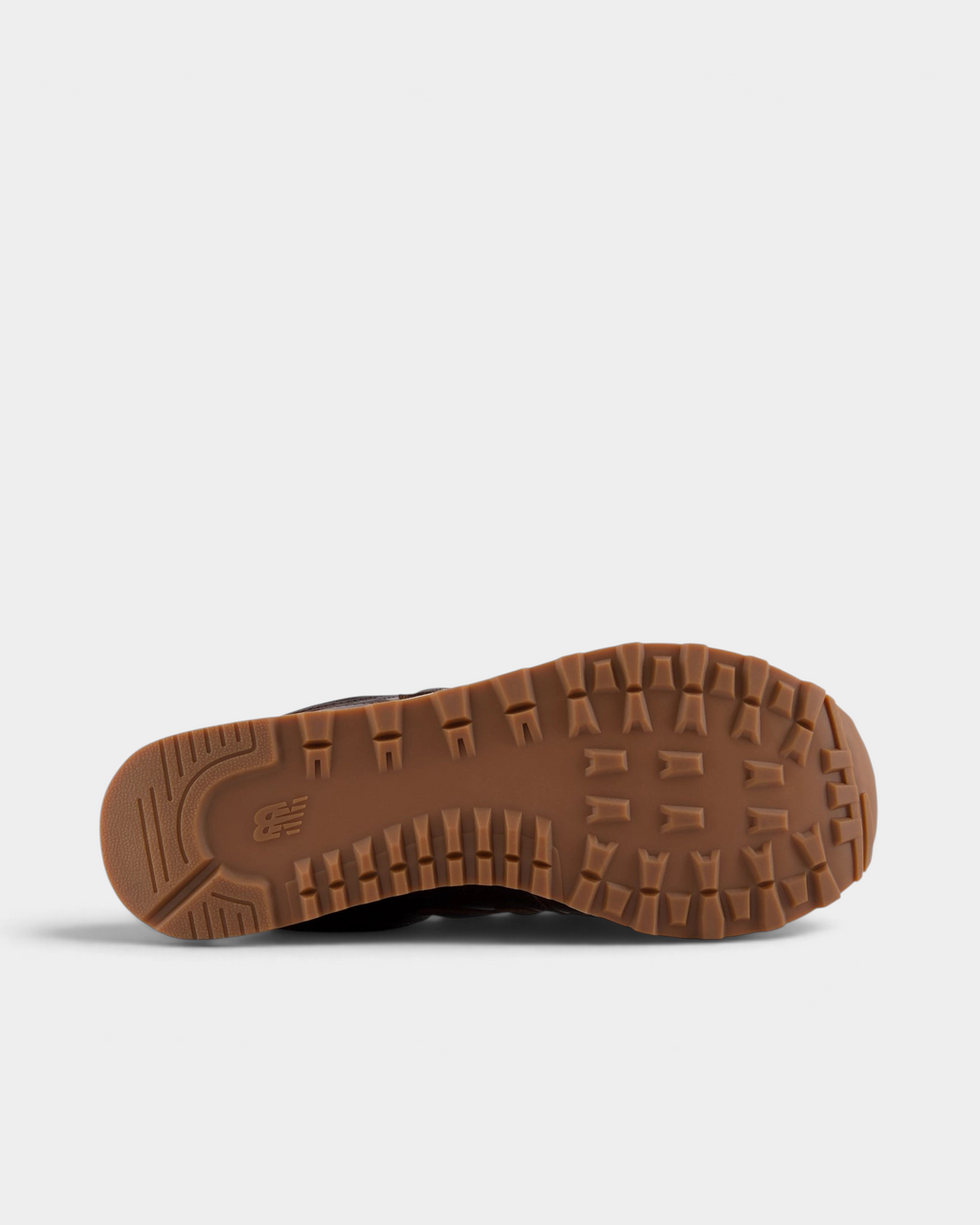 New Balance 574 Shoes in Pumpernickel/Sea Salt, outsole: gum rubber with a chunky tread pattern and a dark midsole edge