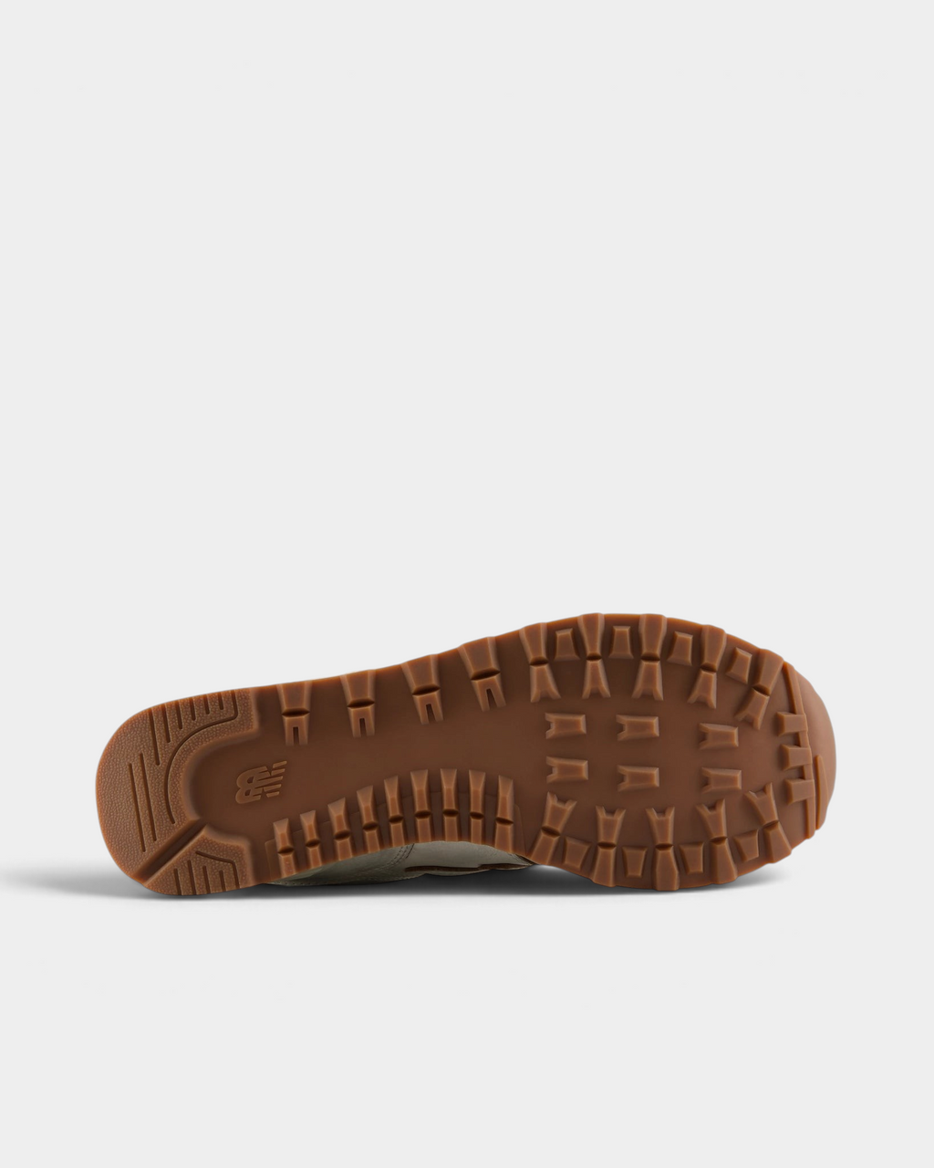 New Balance 574 Shoes in Sea Salt/Breakfast Tea, outsole: gum rubber with a chunky tread pattern and a cream midsole edge