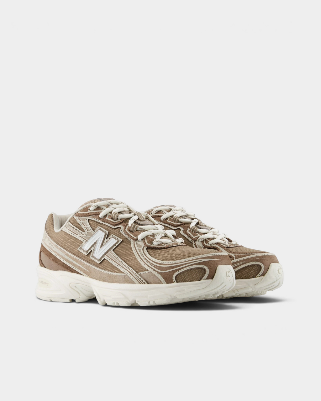 New Balance 740v2 Shoes in Mushroom/Driftwood, pair at a three-quarter front angle showing the taupe mesh toe, beige lace-up front and white N logos