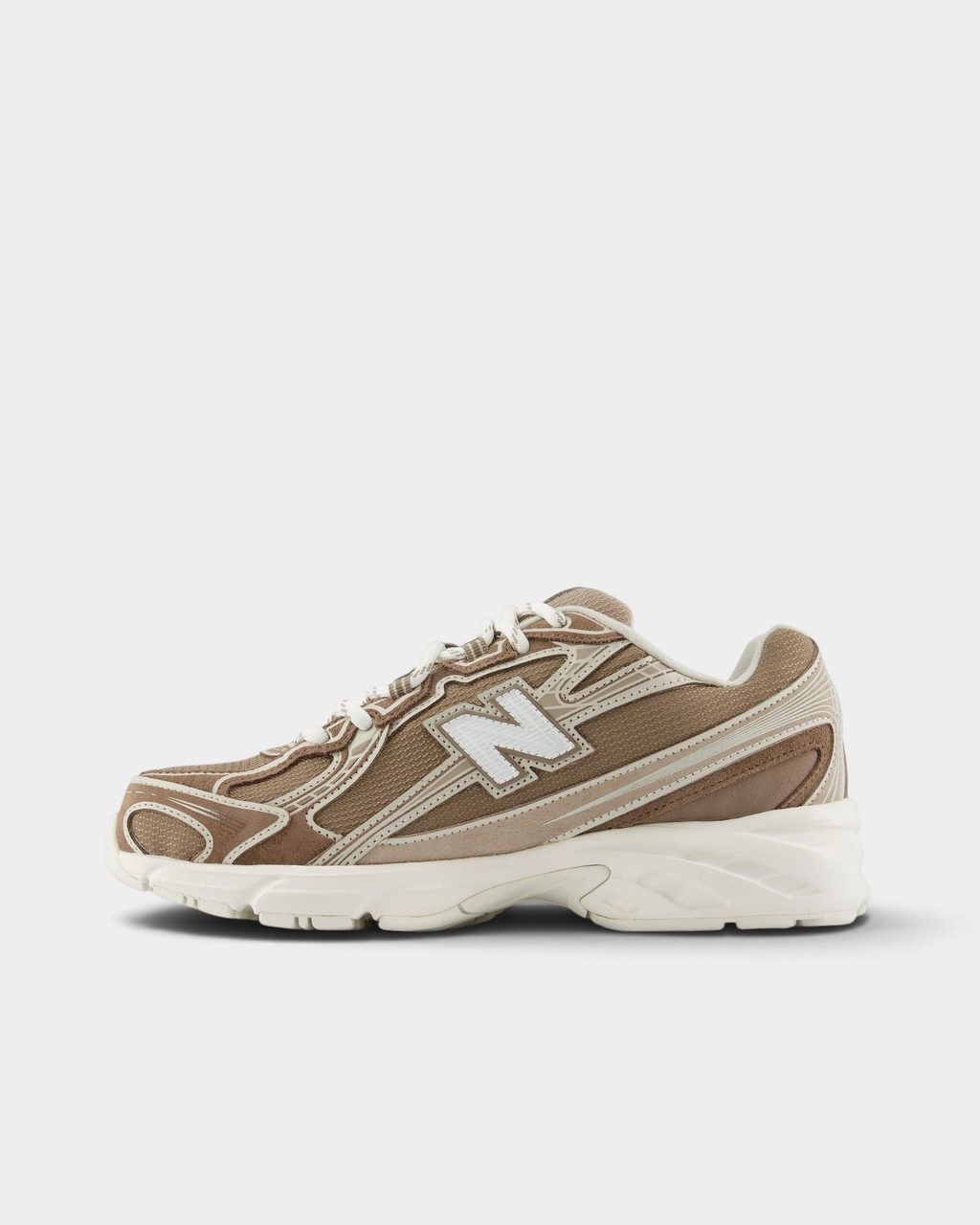 New Balance 740v2 Shoes in Mushroom/Driftwood, pair from the inner side: taupe and beige overlays with a white N logo over a cream lugged midsole
