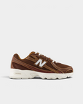 New Balance 740v2 Shoes in Pumpernickel/Sea Salt, side profile: dark brown mesh upper with caramel stitched overlays, a white N logo and a cream chunky midsole