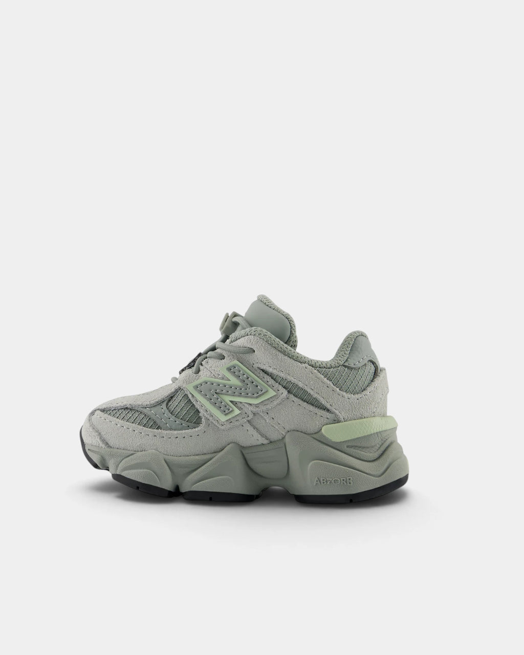 Lockwood Avenue New Balance 9060 Bungee toddler shoe in bayberry green, angled view from the other side with the ABZORB midsole lettering visible
