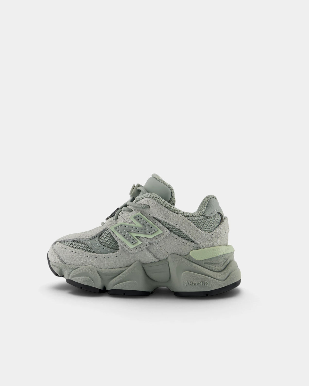 Lockwood Avenue New Balance 9060 Bungee toddler shoe in bayberry green, angled view from the other side with the ABZORB midsole lettering visible