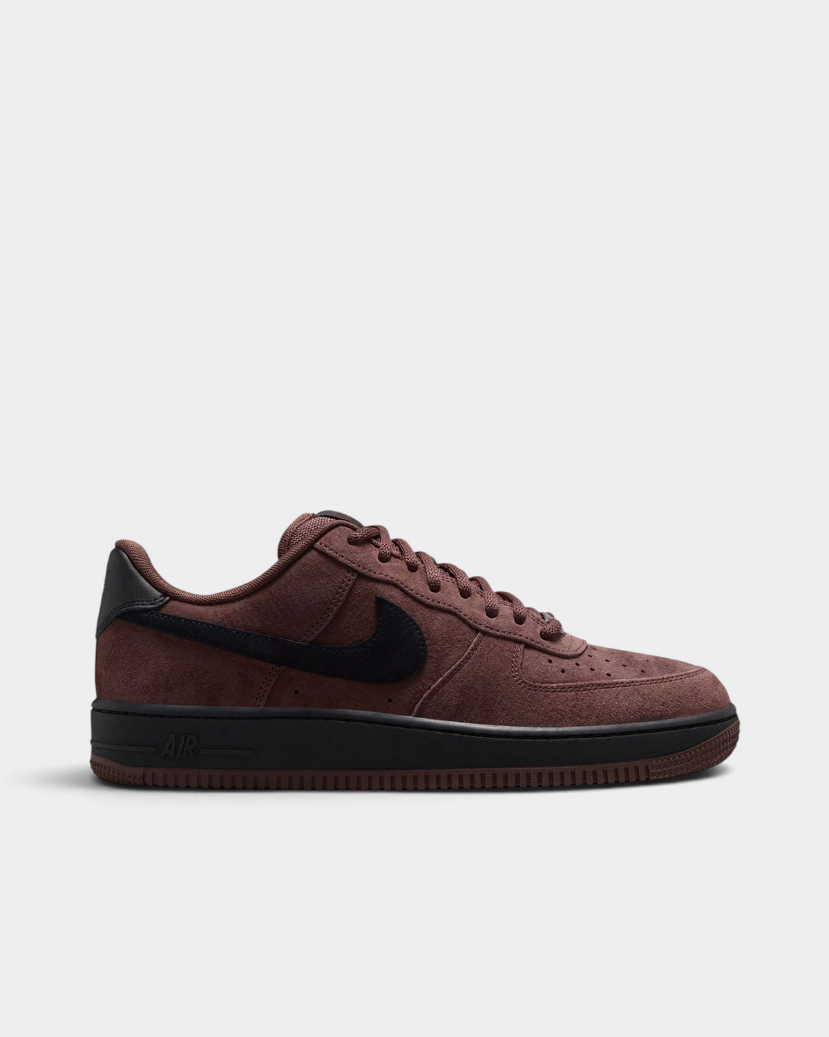Lockwood Avenue Nike SB Air Force 1 in Light Chocolate suede, side profile with a black suede Swoosh, black heel tab and black midsole over a brown outsole