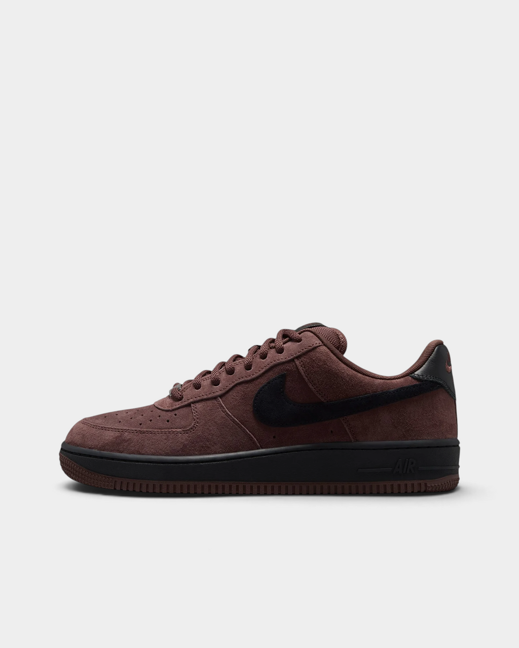 Lockwood Avenue Nike SB Air Force 1 Light Chocolate suede skate shoe, side profile from the outer side with the black Swoosh and black midsole