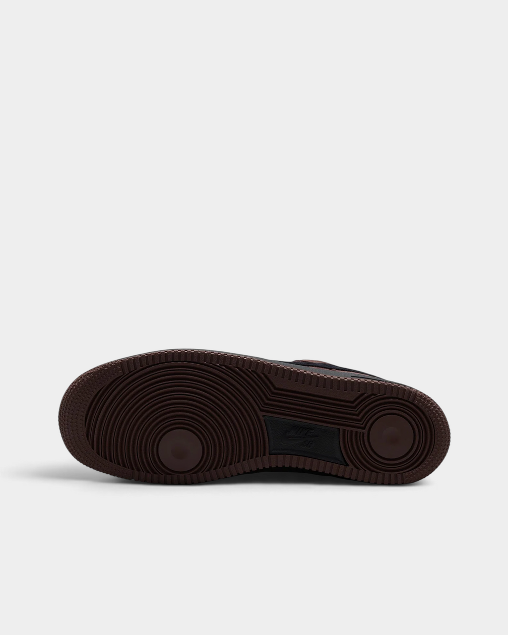 Lockwood Avenue Nike SB Air Force 1 brown rubber outsole with the modified herringbone and circular tread pattern