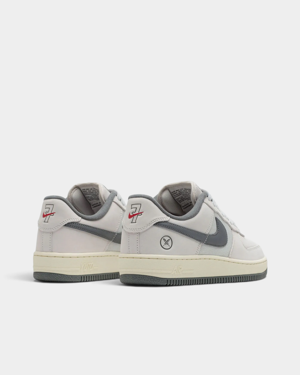 Lockwood Avenue Nike SB Air Force 1 Yuto skate shoes from behind, red number 7 heel tabs and Iron Grey heel panels