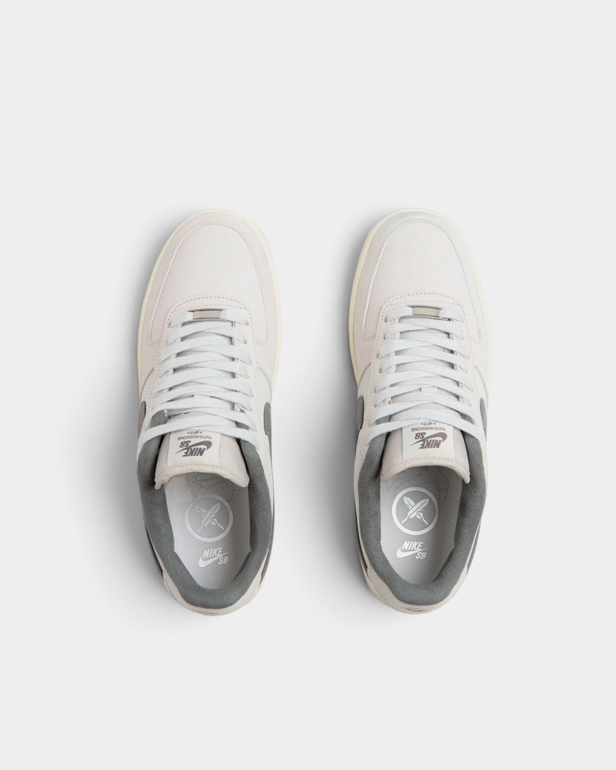 Lockwood Avenue Nike SB Air Force 1 Yuto seen from above, off-white leather and mesh with Nike SB tongue labels reading Yuto Horigome