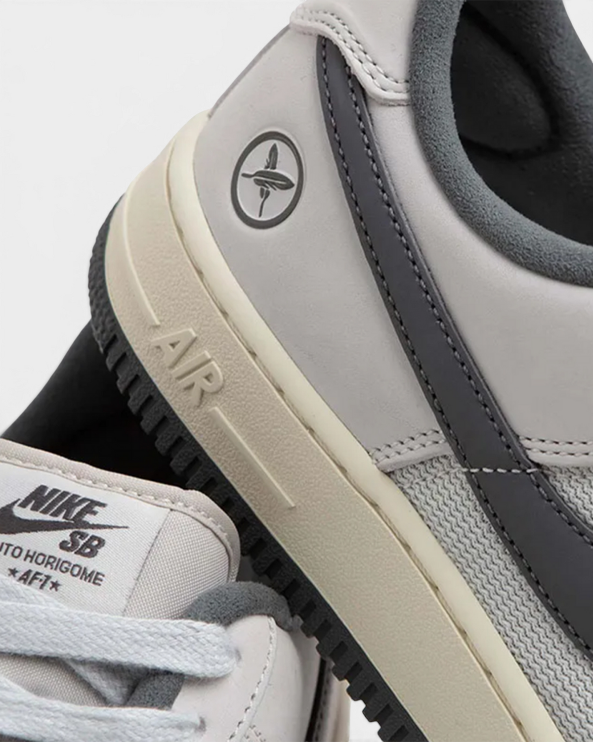 Lockwood Avenue Nike SB Air Force 1 Yuto close-up of the crossed-feather crest, the AIR midsole branding and the Yuto Horigome tongue label