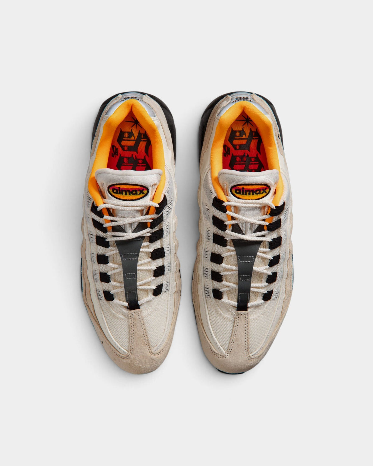 Lockwood Avenue Nike SB Air Max 95 Club 58 sneakers in sail, black, and laser orange with top-down view