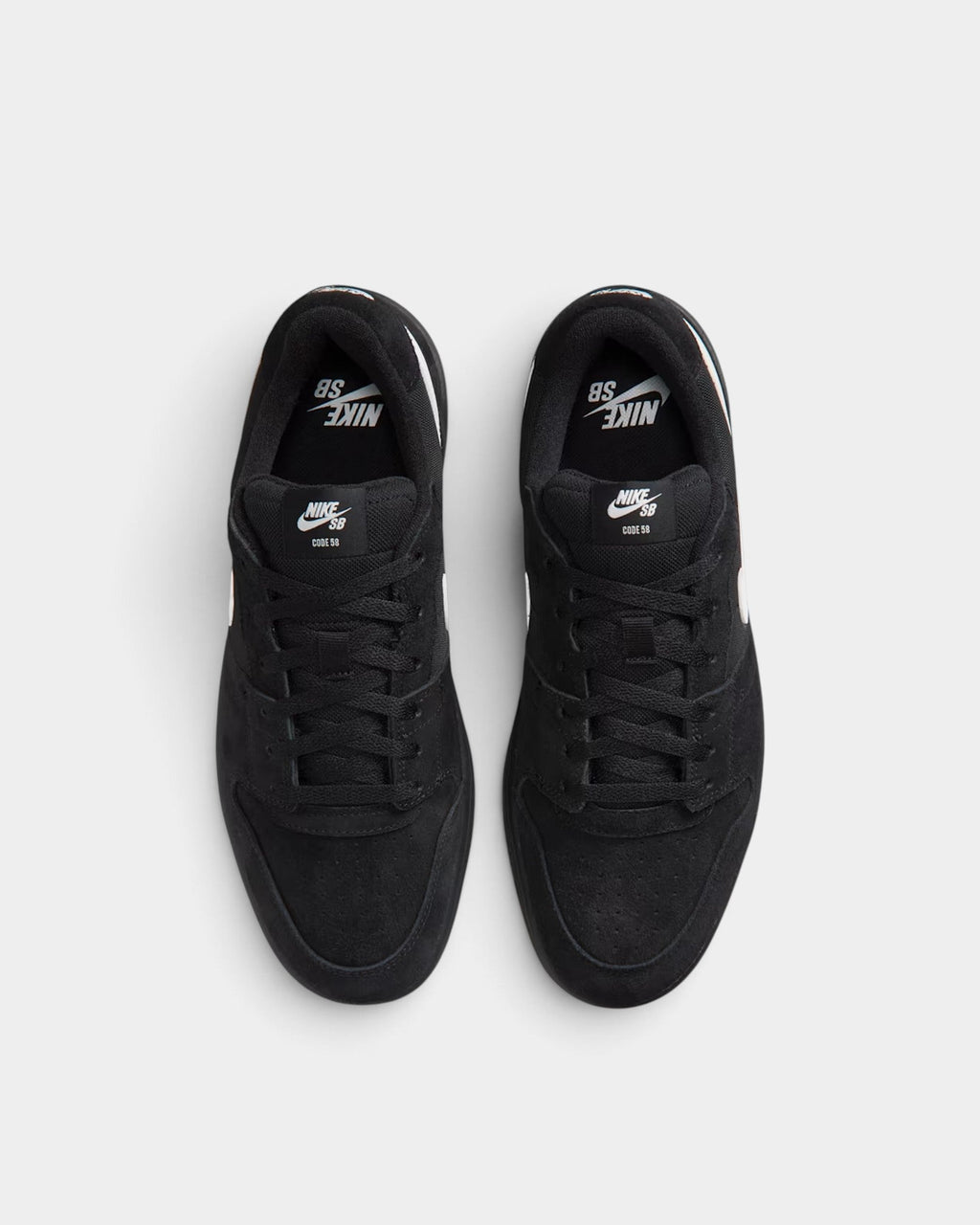 Lockwood Avenue Nike SB Code 58 black suede skate shoes with white branding, viewed from above.