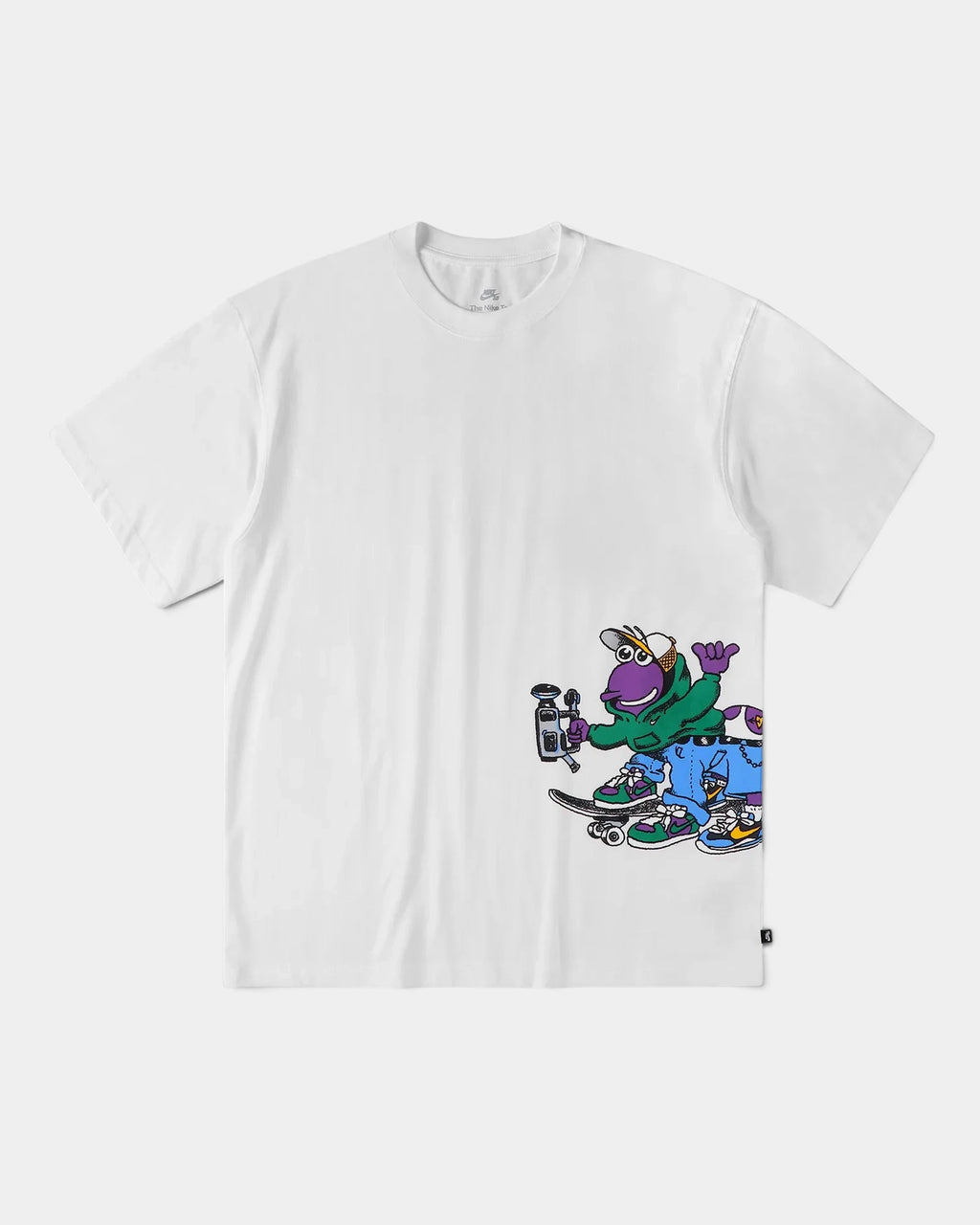 Nike SB Sk8pillar T-Shirt in white, flat-lay front view with the cartoon caterpillar skate crew printed low on one side