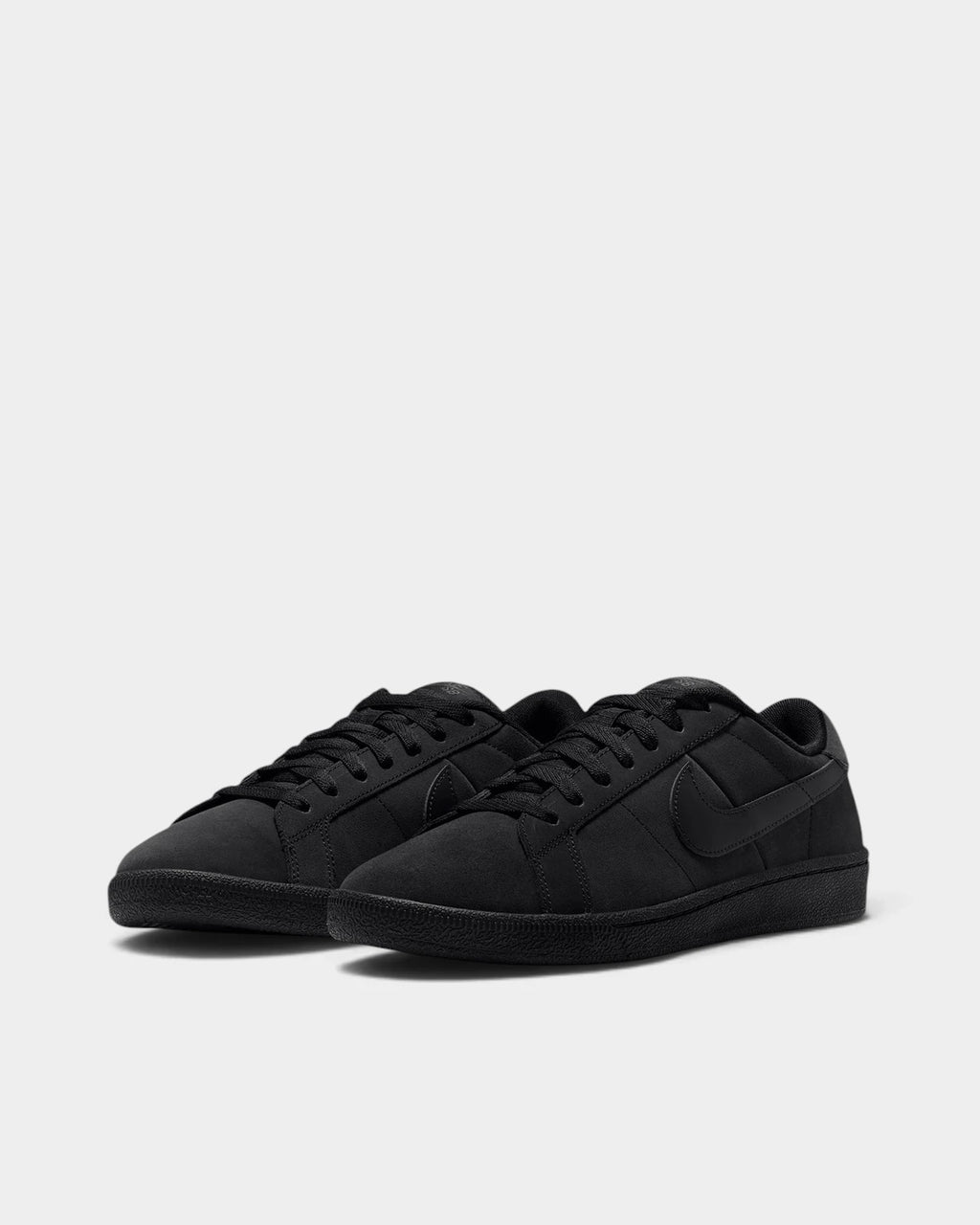 Nike SB Zoom Tennis Classic Shoes in Black/Black/Black/Off Noir, both shoes from a three-quarter front angle, showing the all-black nubuck upper with a tonal Swoosh on a black sole