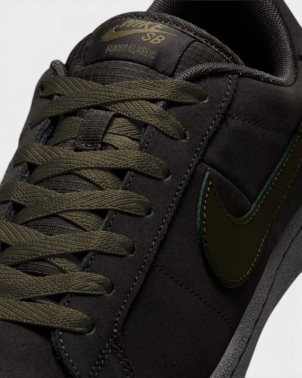 Lockwood Avenue Nike SB Zoom Tennis Classic low-profile skate shoe in dark olive suede with matching laces and swoosh